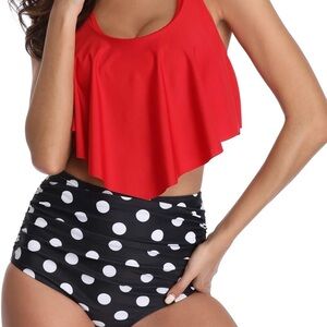 Red and black dot high waisted flounce top bikini